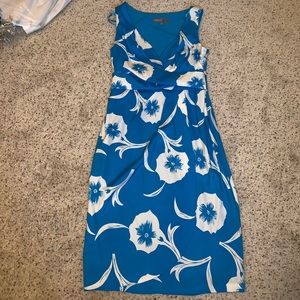 Blue and white floral mid length dress